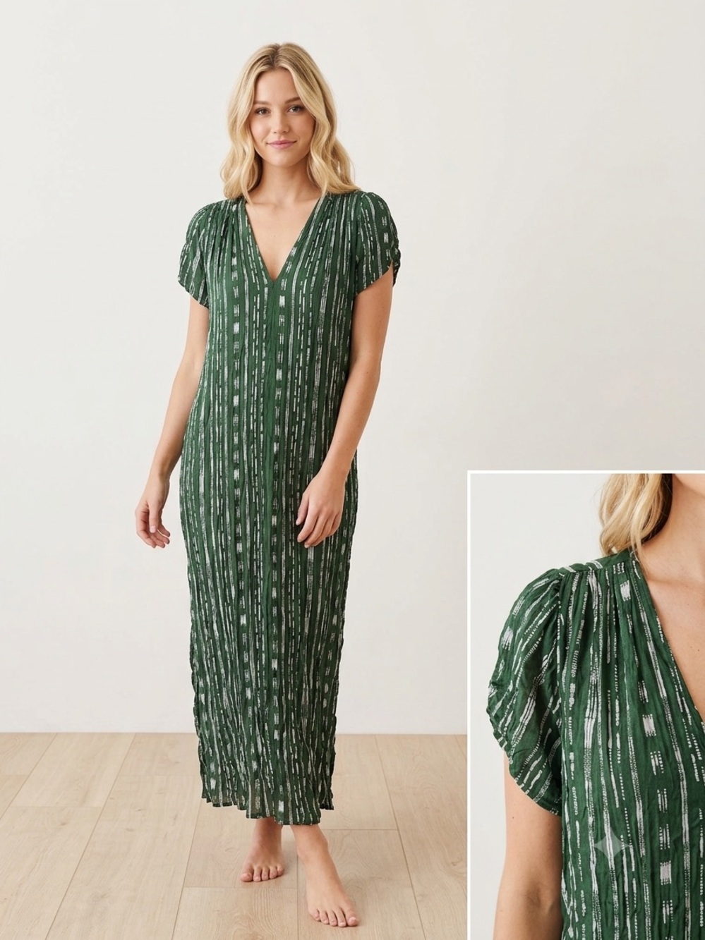 Anthropologie Green Patterned V-Neck Maxi Dress - Picture 2 of 5